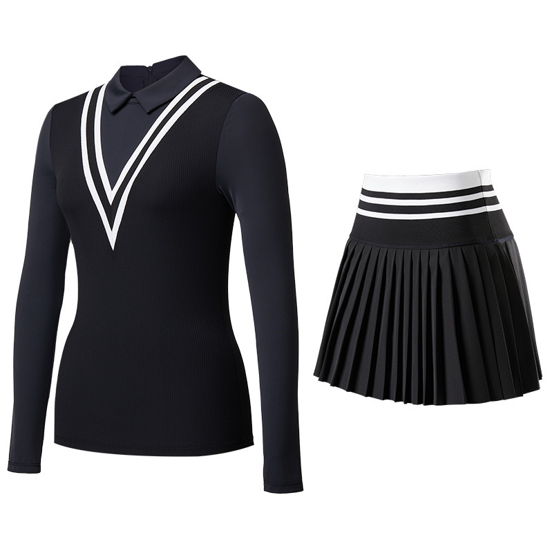 Trajes deportivos de tenis con solapa, mangas largas, falda corta, ejercicio, yoga, golf, tenis de dos piezas.