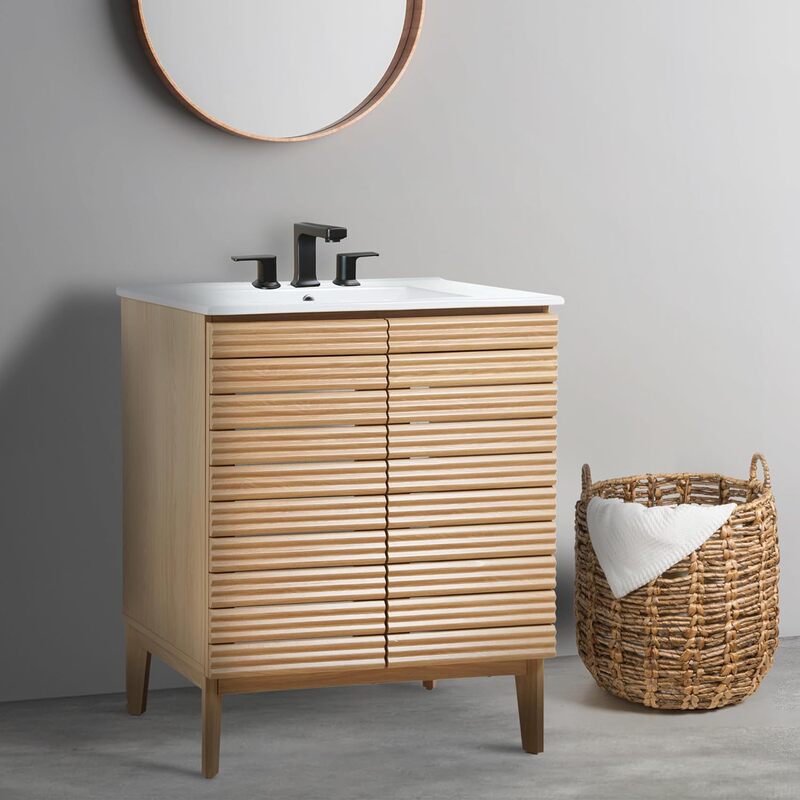 Modern Minimalist Sink Cabinet with Striped Design, Double Doors, Multifunctional, Suitable for Small Spaces, Floor-Standing, Without Basin, Natural Color for Bathroom Modern Minimalist Sink Cabinet with Striped Design, Double Doors, Multifunctional, Suitable for Small Spaces, Floor-Standing, Without Basin, Natural Color for Bathroom