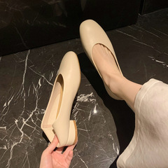 羊皮版~真皮氣質法式粗跟圓頭淺口單鞋女百搭工作通勤鞋子奶奶鞋