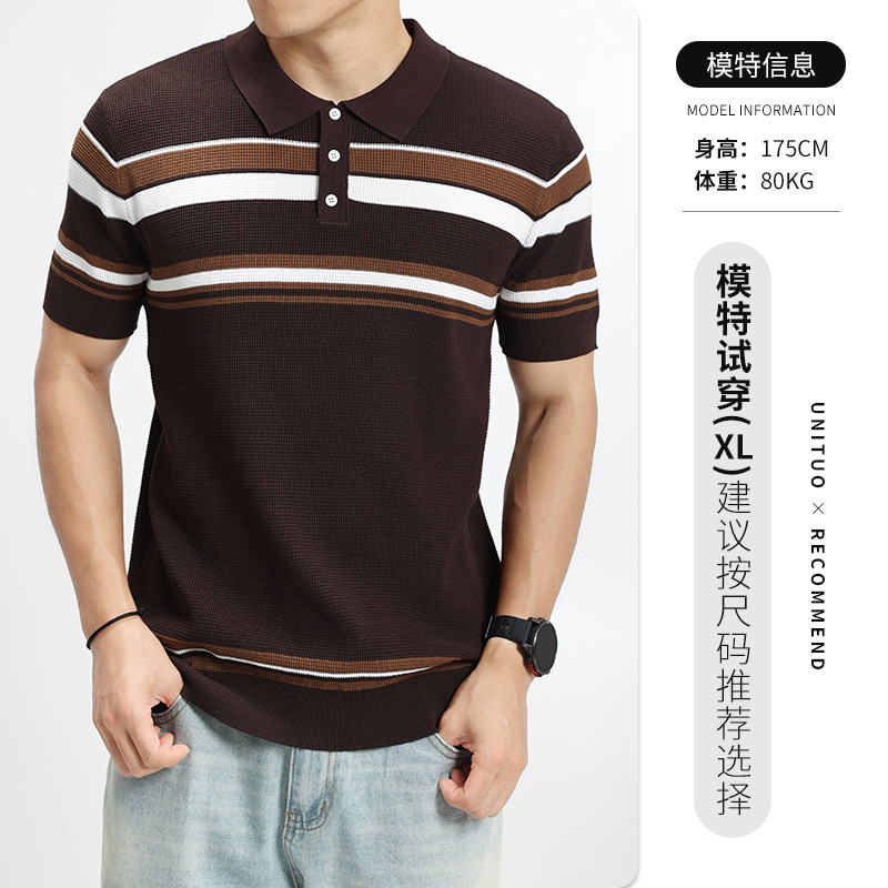 Camiseta de polo de hielo de alto nivel de hombre con cuello corto de manga corta, camiseta de punto a rayas de contraste, camiseta de negocios, camiseta casual de Paul