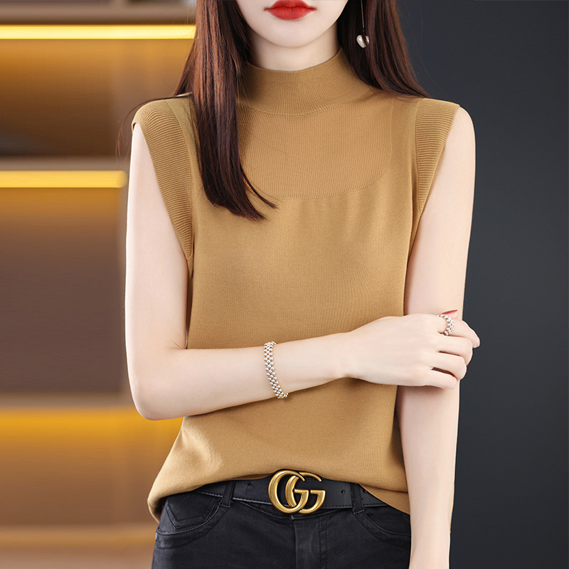 Ice Silk Knitted Shirt Women's Thin Sleeveless Inner Top Half High Collar Base Shirt Chanel Style T-Shirt Women's Cut Sleeve Vest