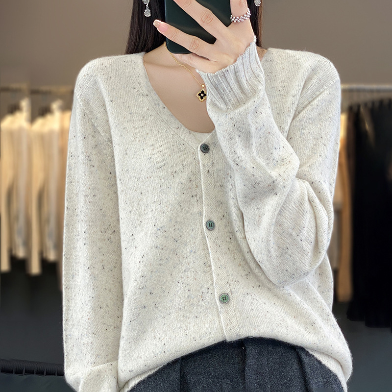 Autumn and Winter new bean yarn wool cardigan sweater women's 2023 wool coat loose sequined cashmere knitted top