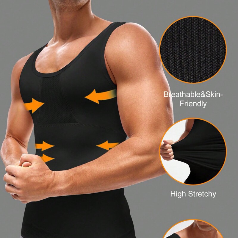 Men's High-Elastic Mesh Body-Shaping Sports Casual Vest, Tummy Control, Breathable, Skin-Friendly, Wide Shoulder Straps, Seamless Base Layer Shapewear