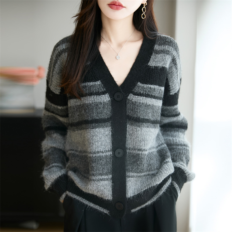 复古条纹针织开衫外套羊驼绒秋冬新款韩版宽松慵懒风毛衣女上衣厚|undefined