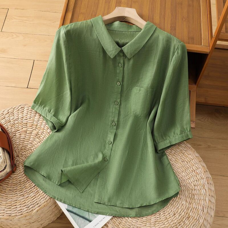 Retro Pure Color Cotton and Linen Short-Sleeved Shirt for Women, Summer Casual Slimming Look Top, Elegant, Age-Reducing, Large Size Lapel Shirt, Thin Retro Pure Color Cotton and Linen Short-Sleeved Shirt for Women, Summer Casual Slimming Look Top, Elegant, Age-Reducing, Large Size Lapel Shirt, Thin