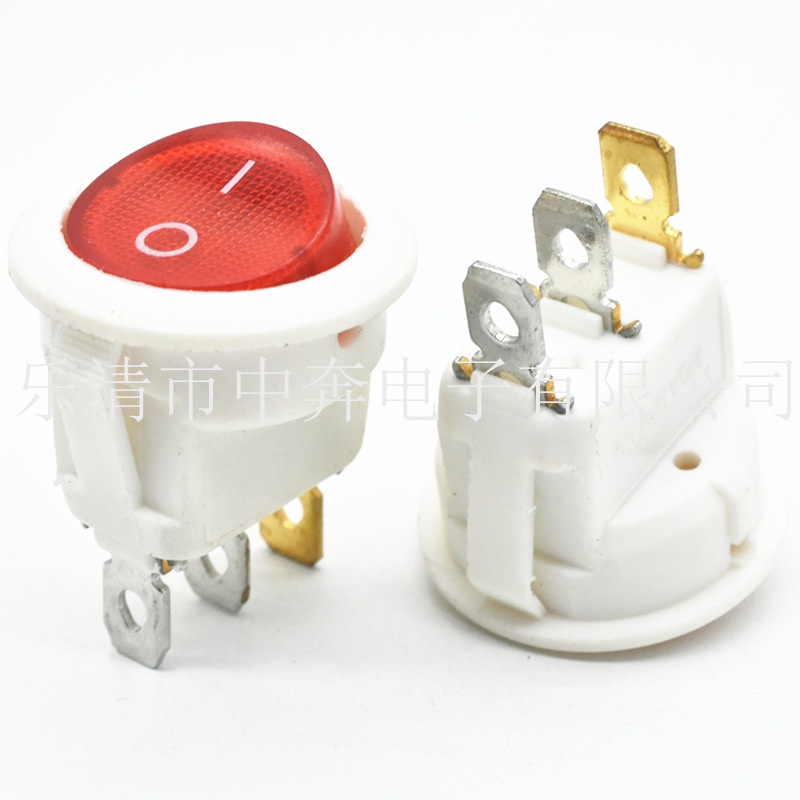 开孔20 上圆下方 3脚 透明红色带灯开关 白色底座 3脚2档船型开关