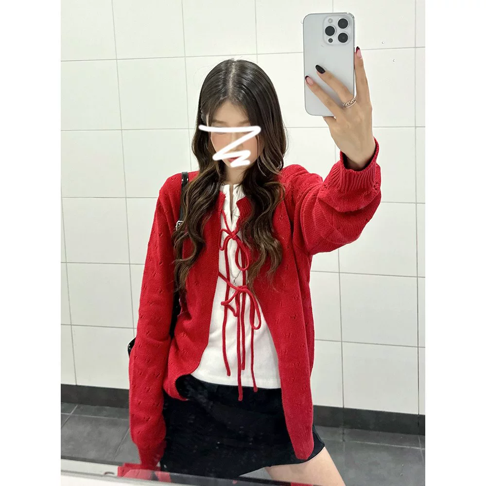Корейский красный свитер для женщин 2025 новый весенний стиль ленивый свободный вязаный кардиган жакет