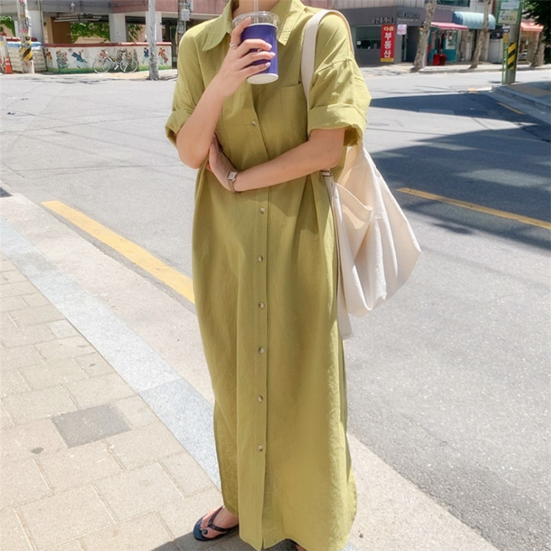 2296 South Korea 2025 New Short-sleeved Long dress Loose Lazy Knee-length Shirt dress Women