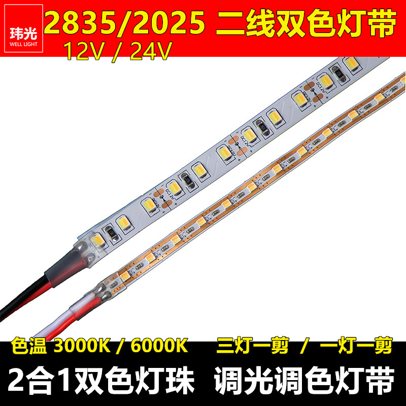 2线12v24v智能双色灯带COB 2835可配智能电源三色多色调光调色