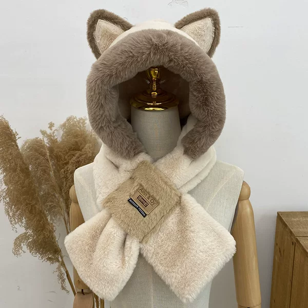 Hat scarf integrated women's winter cycling windproof hat cold-proof warm all-match plush thickened scarf pullover hat