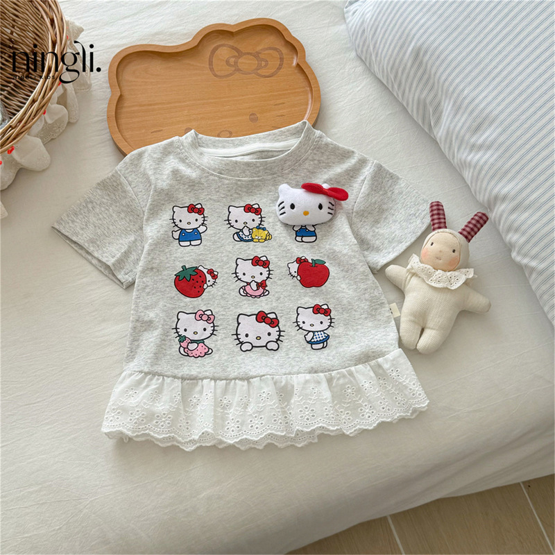 [Lemon Li] Girls' Cotton Short-Sleeved T-Shirt Summer Style Baby Girl Tops Kite Cat New T-Shirt Sweet Style