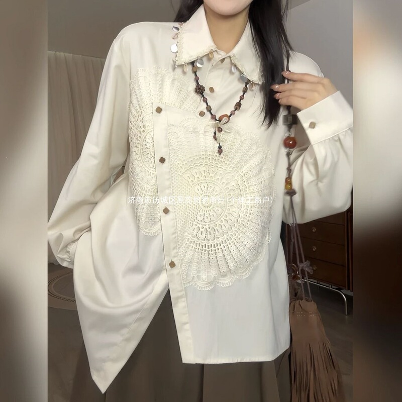 Vgvl Shirt【Sunflower】Spring New Design Niche Sunflower Long-Sleeved Shirt for Women in Apricot Color