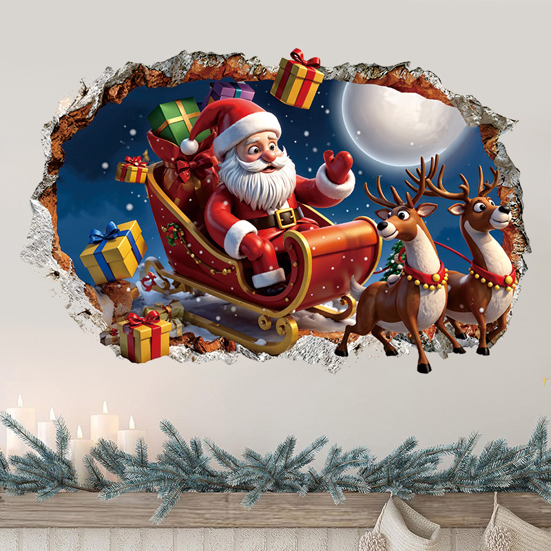 Christmas 3D Decoration For Living Room, PVC Self-Adhesive Santa Claus And Reindeer Holiday Wall Stickers_voghion.com