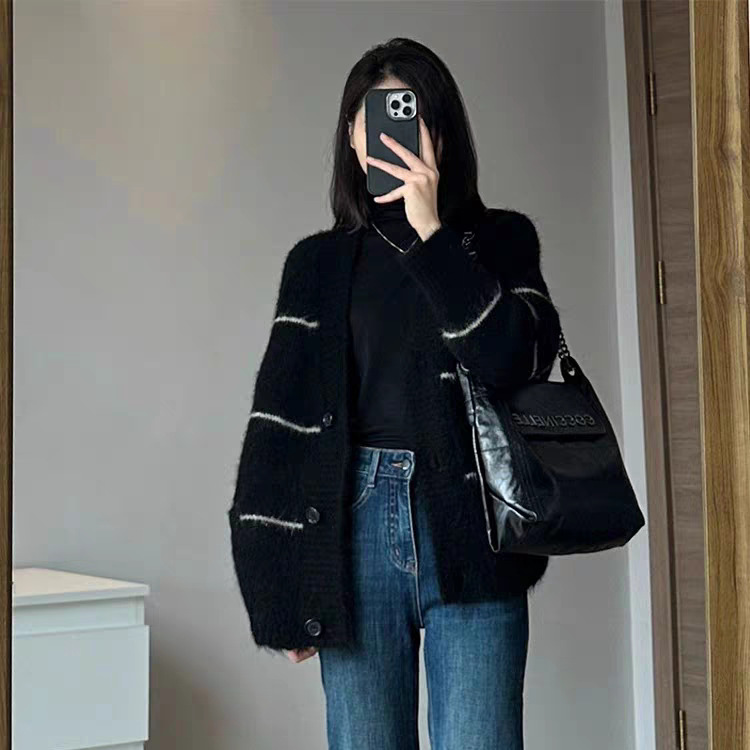 条纹黑色毛衣外套女2025秋冬新款宽松慵懒中长款加厚针织开衫上衣|undefined