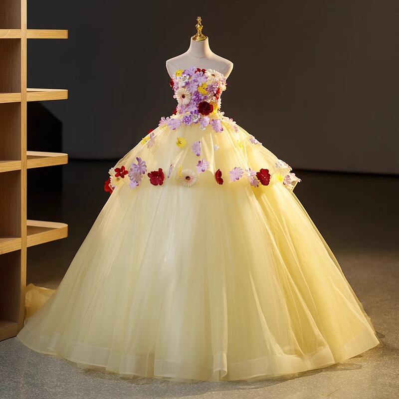 Colored Yarn Wedding Dress Evening Dress Performance Stage Slimming Female Students Art Test Tail Long Dress Big Flower Bl.