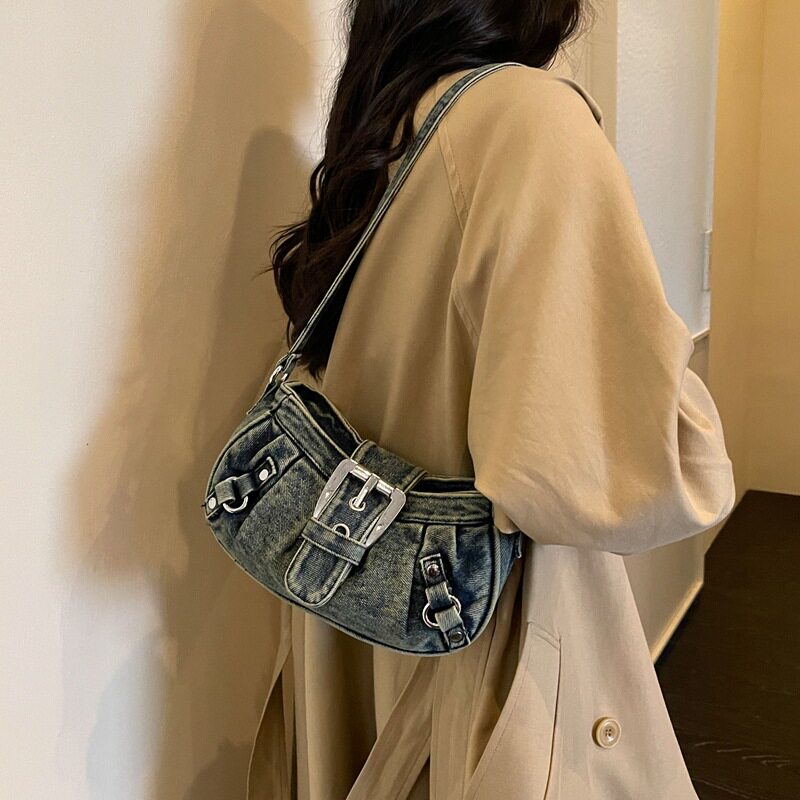 Túi đeo chéo nữ dáng hộp nhỏ kẹp nách vải denim xếp nếp phong cách Hàn Quốc — Cao bồi xanh, Màu xanh cổ điển, đen chi tiết 26