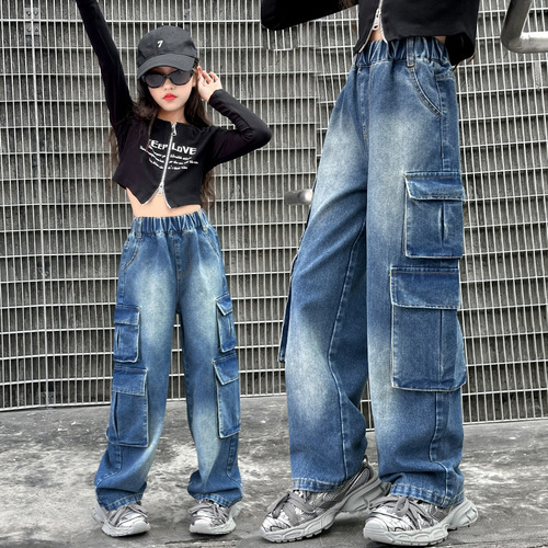 Cross-border children's pants for girls and boys, hip-hop style jeans, spring items for middle-aged children, trendy work pants for children, autumn wide-leg pants, fashion.