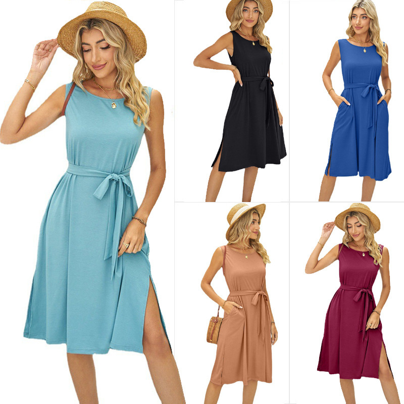 2023 Amazon new dress cross-border Europe and the United States summer sleeveless belt pocket split long vest skirt