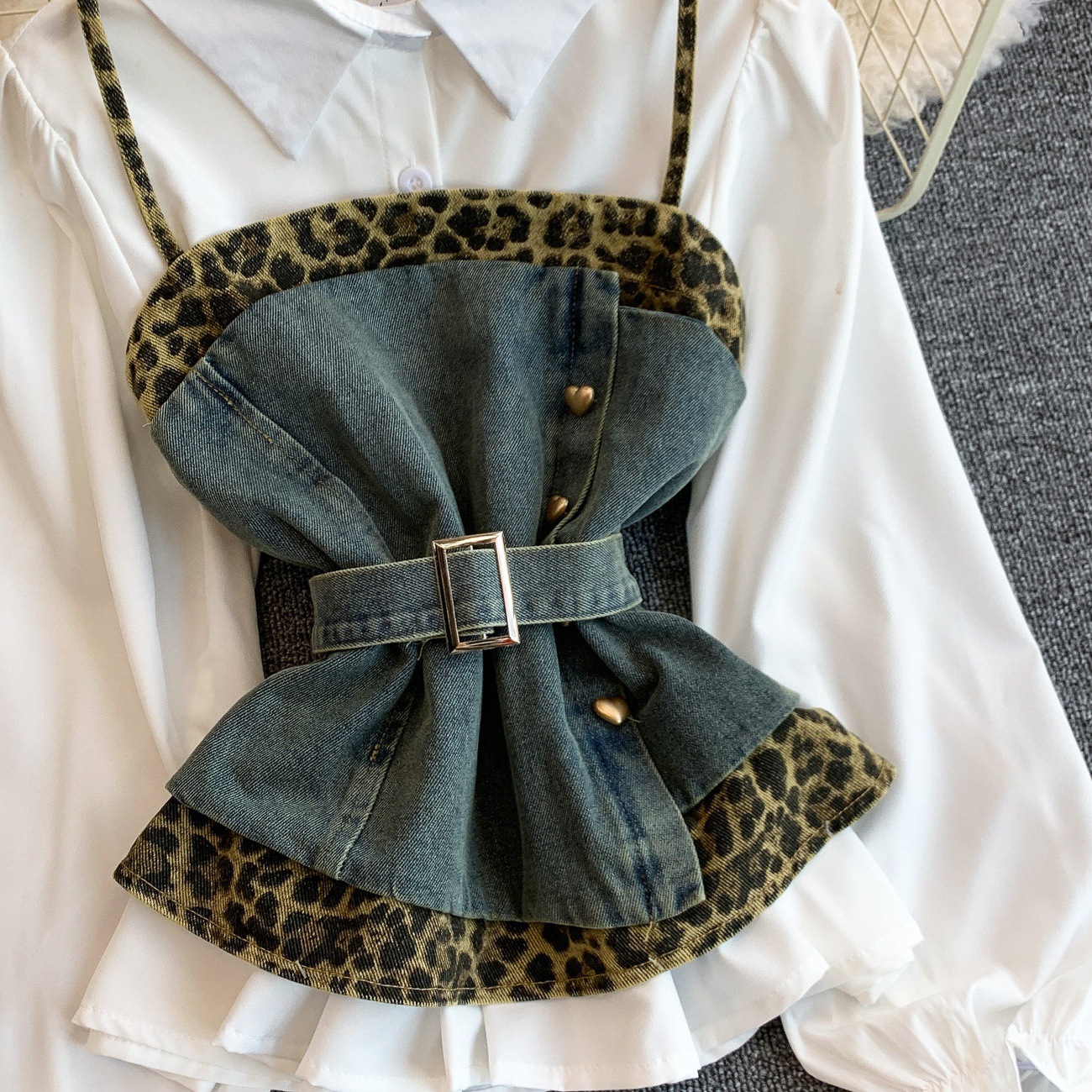 Women's Denim Leopard Print Slimming Shirt Dress Lace Up Design Suspender Top Elegant Fashion Unique Edgy Chic Sophisticated Clothing_ecoleips.com