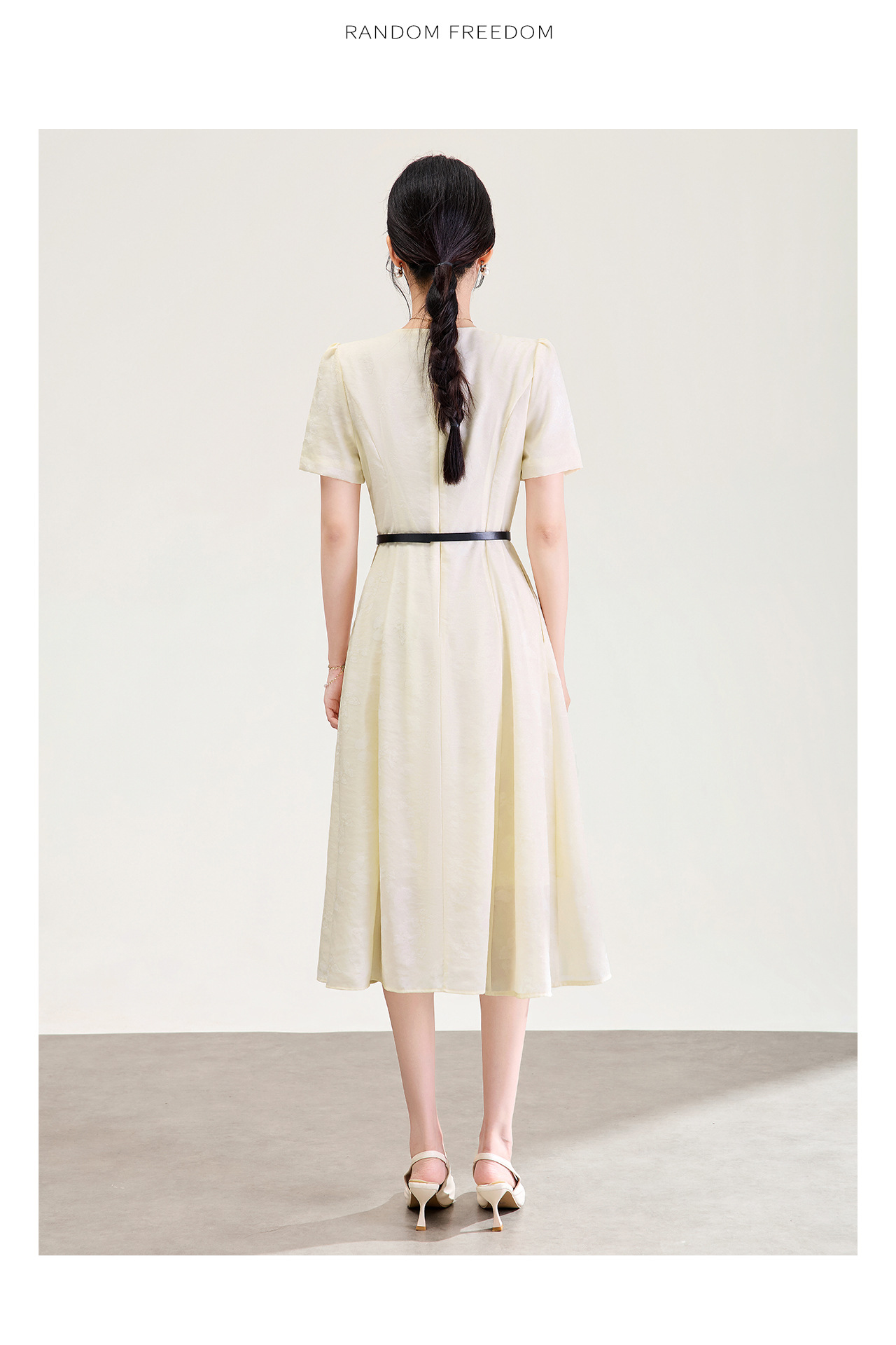 Đầm maxi nữ thắt eo họa tiết bướm jacquard kiểu Pháp — màu be chi tiết 15