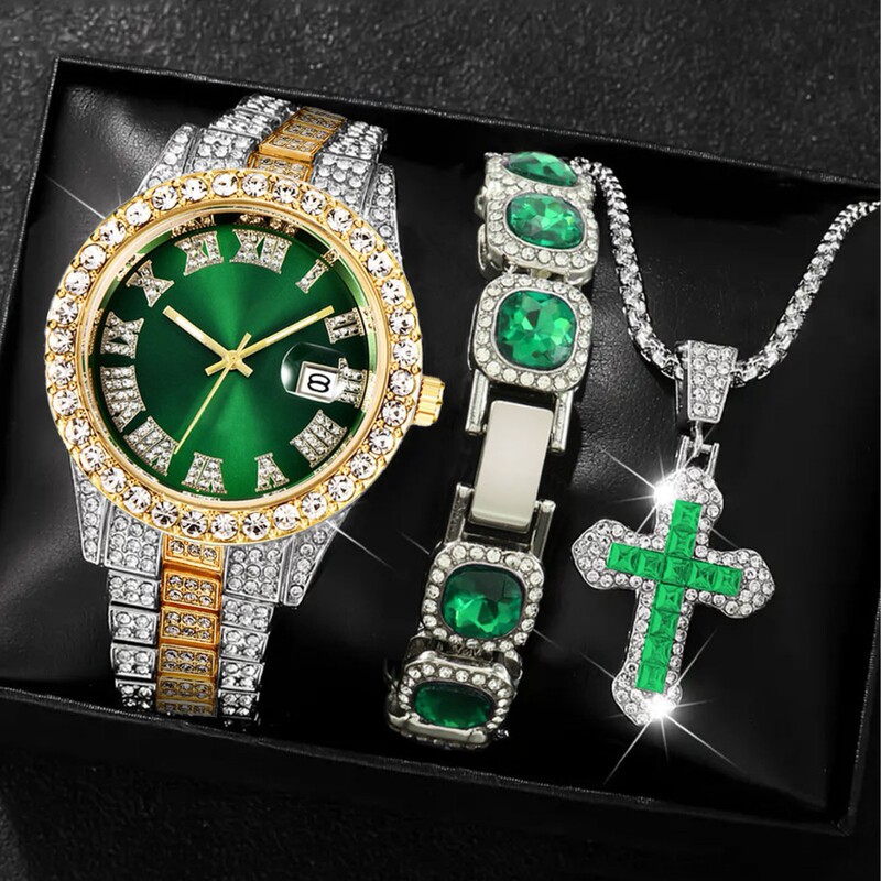 【】18 Styles of Hip-Hop Diamond-Encrusted Quartz Watches, Sugar Cube Bracelets, Cross Necklaces Set, Men's Large Dial Watches
