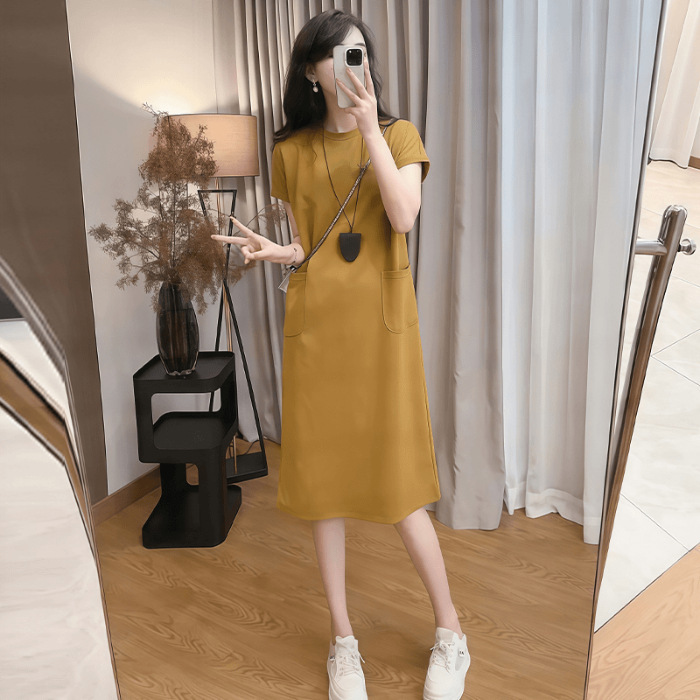 韩版时尚简约气质休闲开叉连衣裙女2025夏季百搭宽松中长款连衣裙|undefined