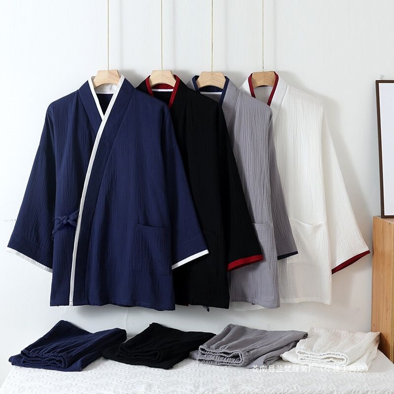 Crepe Pajamas for Men, New Spring and Autumn Style, Long-Sleeved and Long-Pants Couple's Hanfu Tie-Front Cardigan, Suitable for Wearing Outside, Home Wear Set Crepe Pajamas for Men, New Spring and Autumn Style, Long-Sleeved and Long-Pants Couple's Hanfu Tie-Front Cardigan, Suitable for Wearing Outside, Home Wear Set