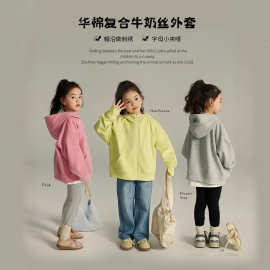 华棉复合牛仔丝面料女童秋款卫衣韩版简约系儿童连帽卫衣纯色上衣