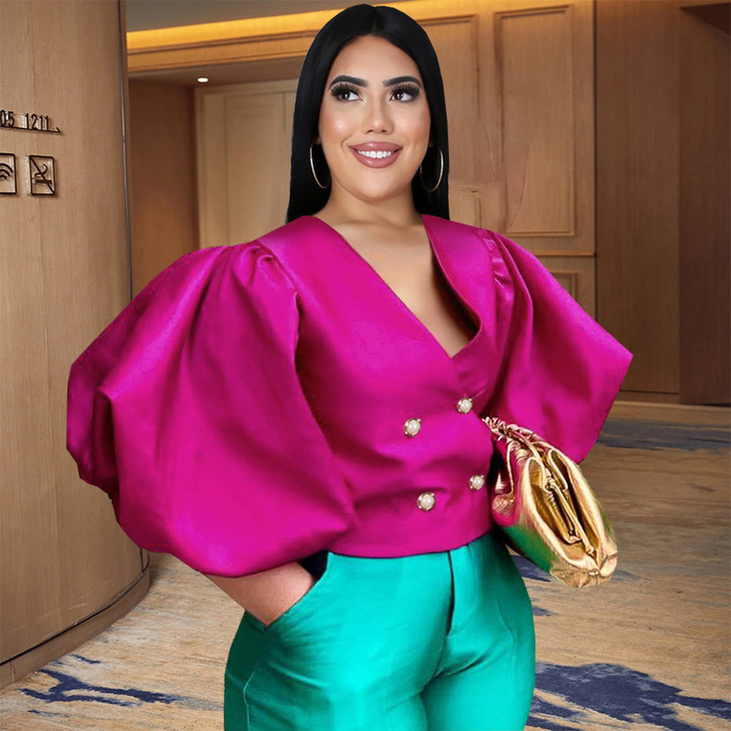 V-Neck Puff Sleeve Button Cardigan Slim Fit High-Waisted Rose Red Party Plus-Size Women's Blouse Tops with Three-Quarter Sleeves