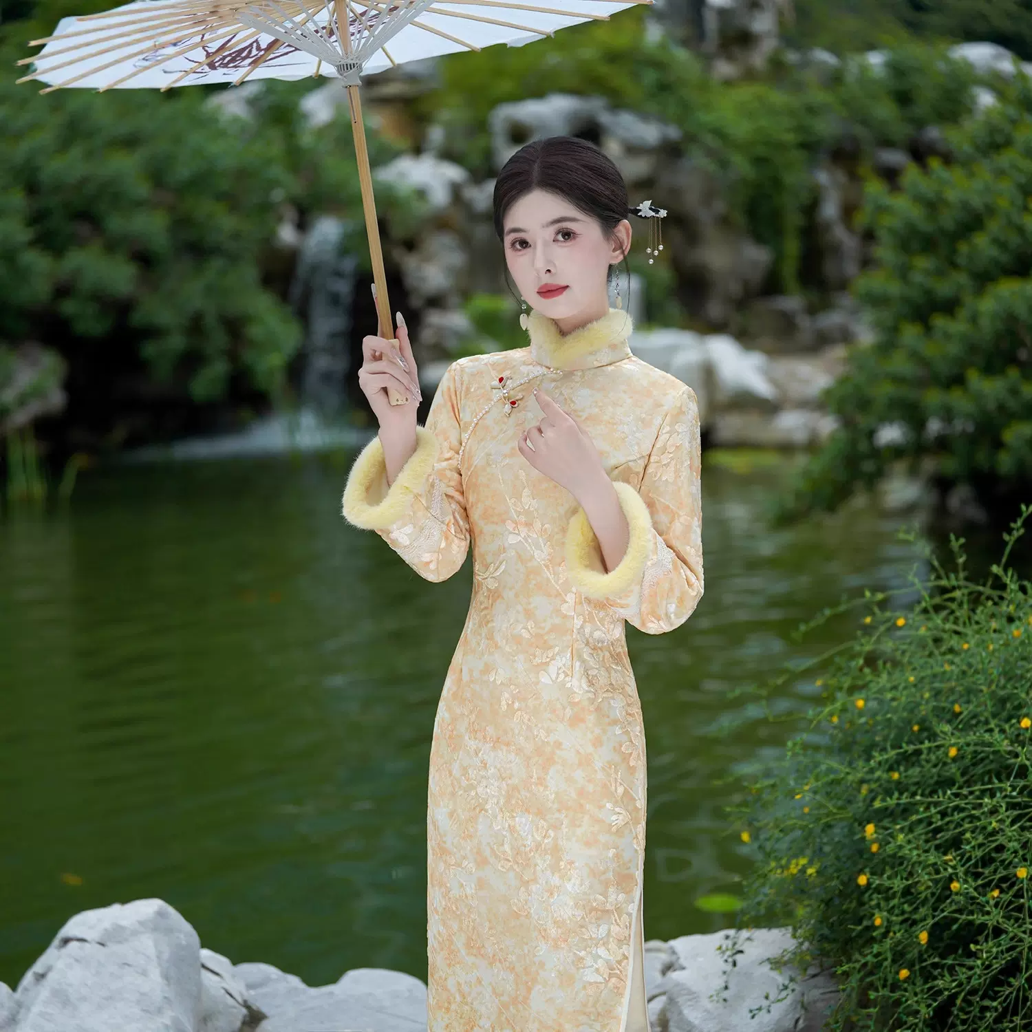 绿色旗袍倒大袖长款新中式·加绒加厚长袖复古民国秋冬季连衣裙冬