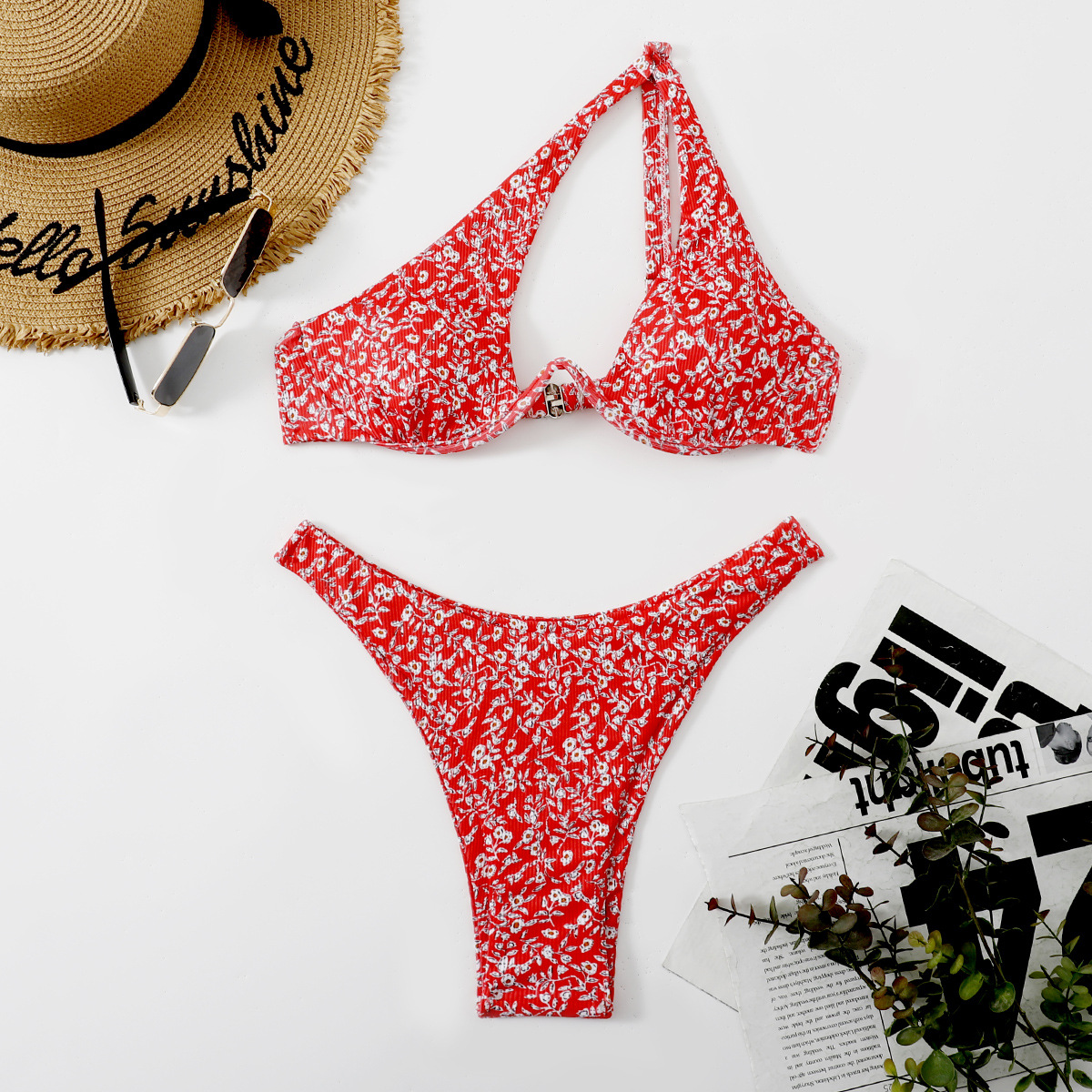 Sobre el producto: Nuevo estilo europeo y americano caliente multicolor sexy damas split traje de baño sólido solo hombro acero bikini