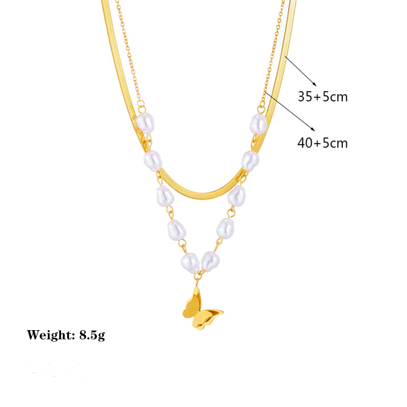 Artificial Pearl Titanium Steel 18K Gold Plated Lady Beaded Plating Butterfly Layered Necklaces display picture 1