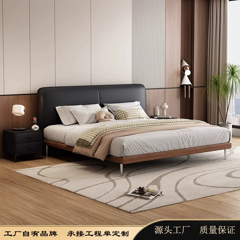 Кровать в средневековом стиле с каркасом из цельного дерева, кожаная кровать, маленькая квартира, главная спальня, большая кровать, черная мягкая кровать, элитная двуспальная кровать для главной спальни, свадебная кровать