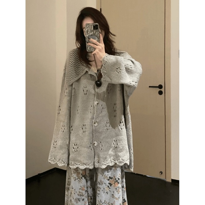 韩系慵懒风钩花镂空海军领纯色长袖针织开衫女秋冬宽松显瘦外套潮|undefined
