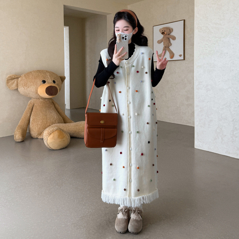 孕妇装2025秋冬新款甜美时尚打底毛衣宽松流苏毛衣背心裙长款套装|undefined