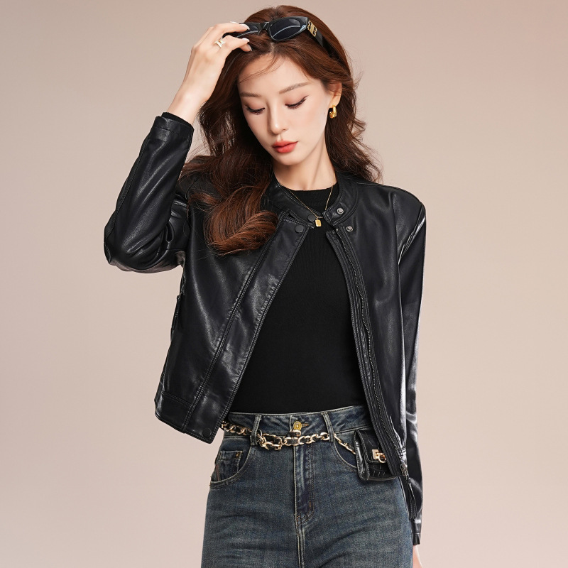 Brand Fashion Sheepskin Jacket for Women, Stylish French Stand Collar, Elegant Short Coat, Petite Temperament Genuine Leather Top