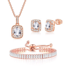 European and American Colored Zircon Engagement Jewelry Set Women's Square Earrings Pendant Necklace Adjustable Bracelet Cross-Border Wholesale
