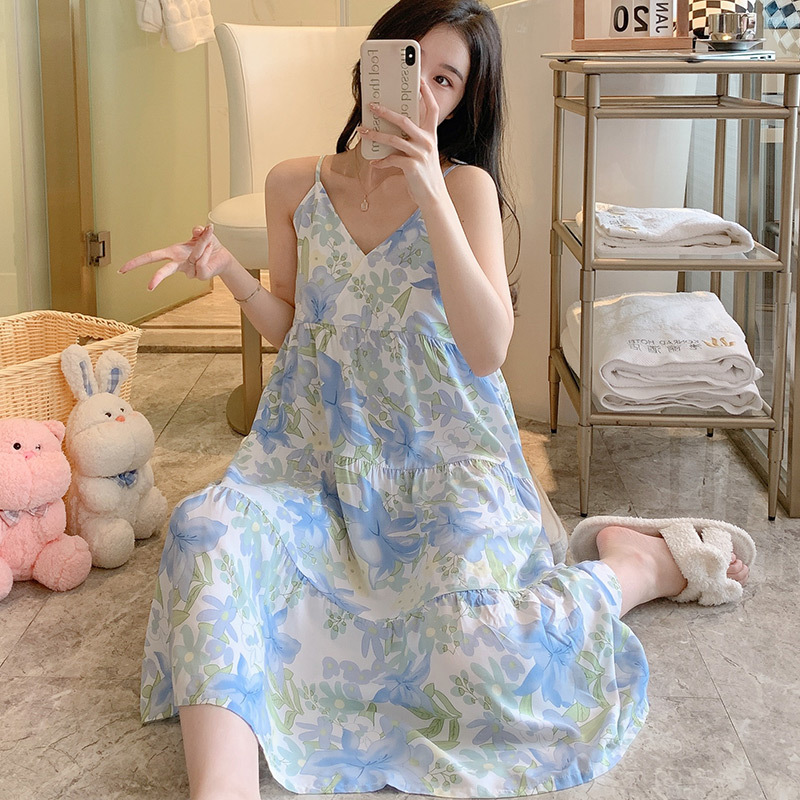 Correa de verano camisón de las mujeres sexy delgada pijamas de seda de algodón artificial desgaste del hogar coreano dulce niña vestido de seda de algodón