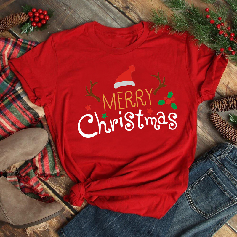 2022christmas New Merry Christmas letter print casual all-match red parent-child T-shirt