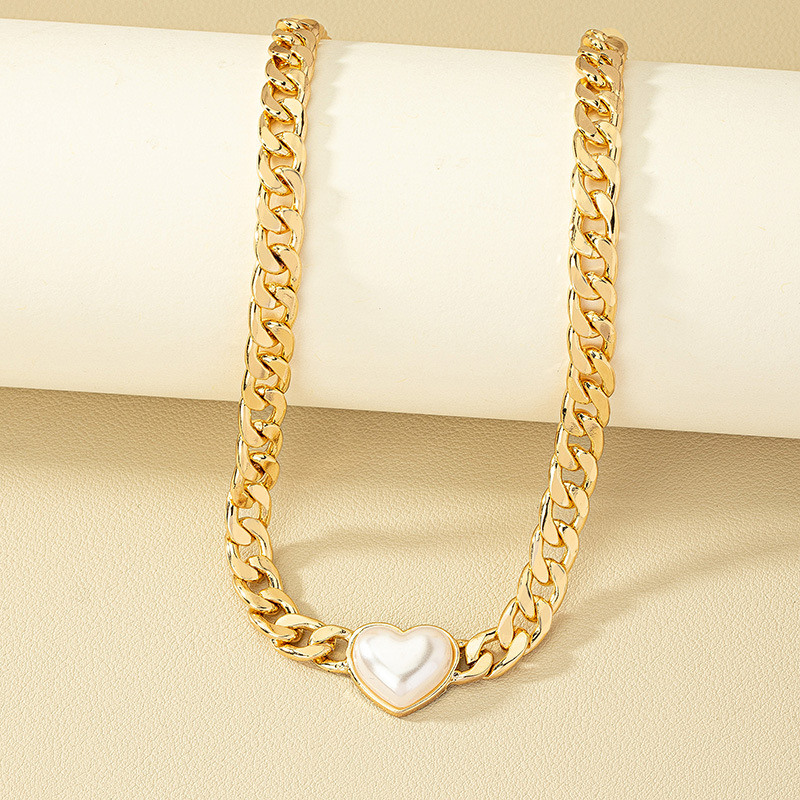 Collar elegante con colgante de corazón y perlas estilo coreano mujer_voghion.com