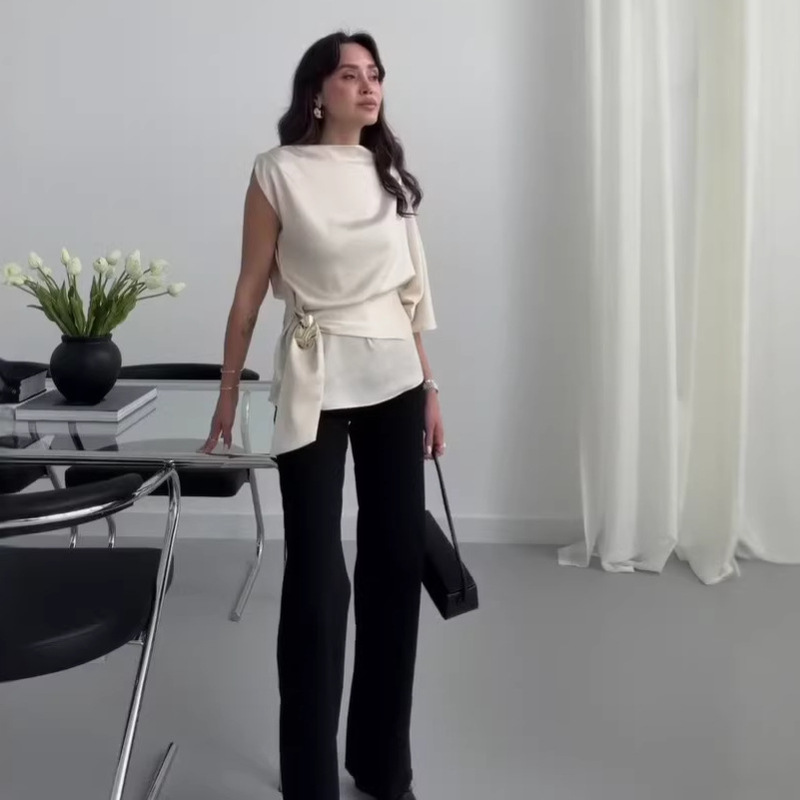 European and American Cross-Border Women's Fashion 2026 Spring/Summer New Style Boat Neck Waist-Cinching Slimming Ruffled Irregular Shirt Sleeveless Top European and American Cross-Border Women's Fashion 2026 Spring/Summer New Style Boat Neck Waist-Cinching Slimming Ruffled Irregular Shirt Sleeveless Top