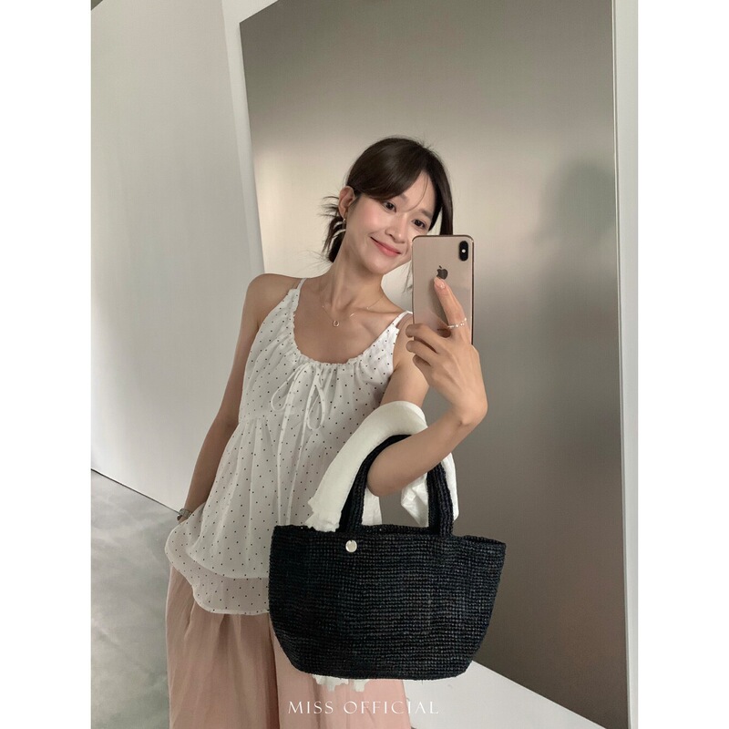 【Miss Miss Home】Fresh and Feminine Polka Dot Irregular Hem Drawstring Tie Slimming Top 33823