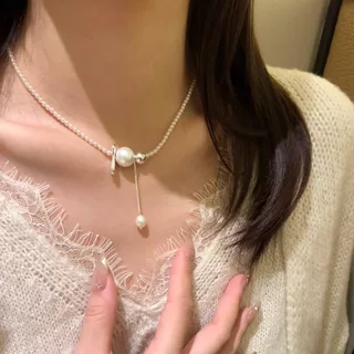 法式轻奢金属吊坠银色施家珍珠项链 锁骨链女清冷高级感毛衣链 配