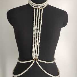 Body chain harness 欧美性感诱惑多层珍珠链身体链挂脖颈链