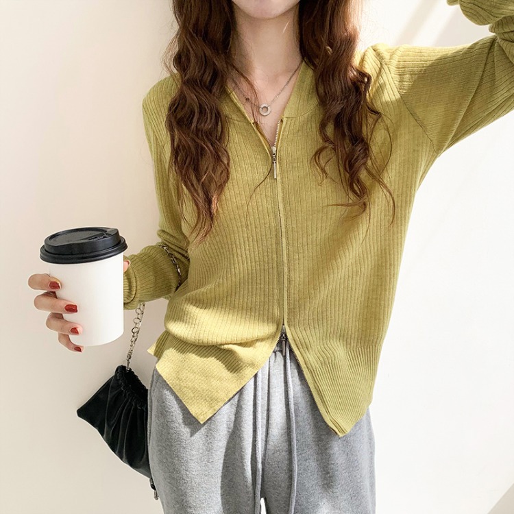 实拍连帽双拉链针织外套修身开衫长袖女运动衫2021年百搭显瘦毛衣|ru