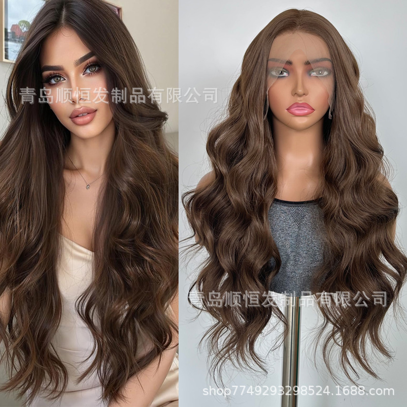 European and American Style Lace Front Wig 13*4 Hand-Woven Light Brown Big Wave Curly Hair Fashion High-Temperature Fiber Wig Factory Wholesale European and American Style Lace Front Wig 13*4 Hand-Woven Light Brown Big Wave Curly Hair Fashion High-Temperature Fiber Wig Factory Wholesale