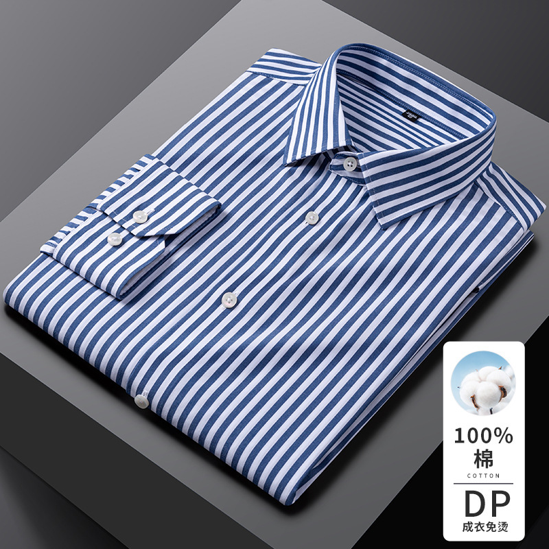 Men's Shirt Dp Ready-To-Wear No-Iron Pure Cotton Stripesd High-End Spring & Fall Business Casual Men's Shirt Long-Sleeved Cotton