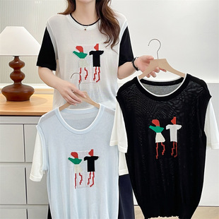 2025 Summer Plus Size Women's Ice Silk Short-Sleeved Jacquard Contrast Knitted t Fashion Elastic Fat mm Top Thin 2619