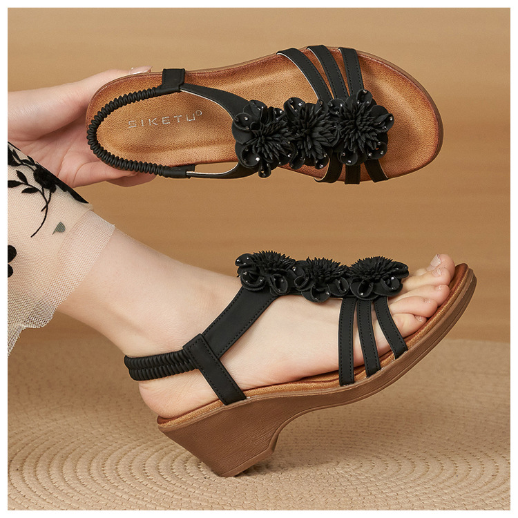 Sandal nữ quai mảnh họa tiết hoa đế xuồng cao gót 9 cm — màu nâu, màu đen, màu mơ chi tiết 19