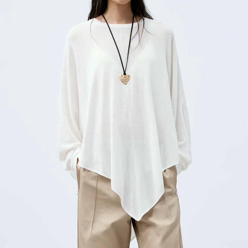 In-Stock Autumn Irregular Pointed Hem Long-Sleeve T-Shirt for Women, Drapey Thin Batwing Sleeve Loose Casual Inner Wear